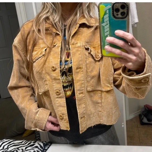 Free People Evelyn Corduroy Crop Boxy Jacket Cognac Sz S Boho Biker Grunge EUC - Picture 2 of 12